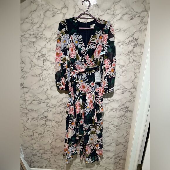 Eliza J Floral Print 3/4 Balloon Sleeve Faux Wrap Hi-Low Maxi Dress - Picture 2 of 8